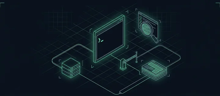 Illustration: Illustration: Ein Terminalfenster, von dem drei Leitungen zu einem Server, einer Lupe über einer Ergebnisliste und einem Stapel Seitenkacheln laufen; vor den Seiten steht eine Prüfschranke.