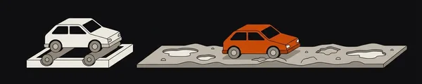 Illustration: Links steht ein Modellauto still auf einem Prüfstand, rechts fährt ein gleiches oranges Auto über eine holprige Landstraße.