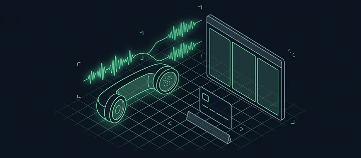 Illustration: Illustration: Ein Telefonhörer, aus dem eine grüne Tonwelle aufsteigt und sich in zwei gleiche Wellen teilt; daneben ein Videokonferenzfenster mit drei leeren Kacheln und eine Bankkarte hinter einer Schranke.