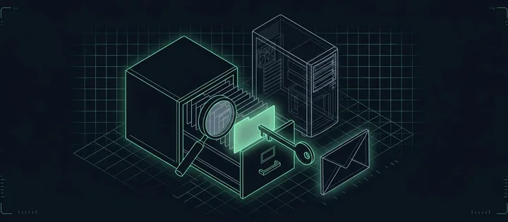 Illustration: Ein Karteikasten unter der Lupe, eine Karte leuchtet grün; aus der Schublade ragt ein Schlüssel zu einem Umschlag, dahinter ein Mailserver.