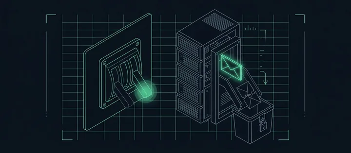 Illustration: Ein Dreistufen-Hebel auf einer Platte, ganz rechts eingerastet und grün; daneben ein Mailserver, dessen Schleuse einen leuchtenden Umschlag durchlässt und einen eingerissenen in einen verschlossenen Behälter leitet.