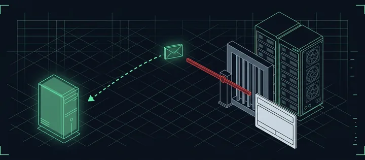 Illustration: Ein Umschlag prallt an einer roten Schranke vor zwei Mailservern ab und fliegt auf gestricheltem Pfeil zum grünen Absenderserver zurück; vor der Schranke lehnt eine leere DNS-Karte.