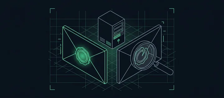 Illustration: Zwei Umschläge mit Siegel: links echt und grün, rechts eine schiefe Fälschung unter der Lupe; dahinter ein Mailserver.