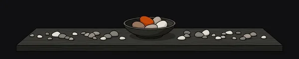 Illustration: Viele kleine graue und weiße Kiesel auf einem dunklen Brett; in einer Schale in der Mitte liegen fünf größere, einer davon ist orange.