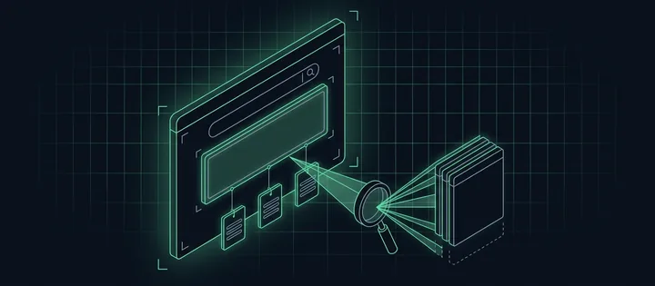 Illustration: Illustration: Ein Browserfenster mit Suchfeld und einem großen Antwortfeld statt einer Trefferliste, an dem drei Linkkarten hängen; daneben teilt eine Lupe einen Strahl in mehrere, die zu einem Stapel Seitenkacheln laufen.