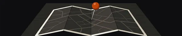 Illustration: Ein gefalteter, dunkelgrauer Stadtplan auf einem dunklen Tisch, in dem eine einzelne orange Stecknadel steckt.