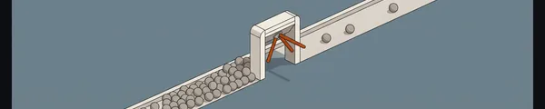 Illustration: Ein Drehkreuz auf einem weiten Platz: davor stauen sich viele graue Kugeln, dahinter rollen nur wenige mit Abstand weiter.
