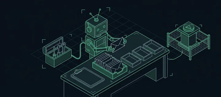 Illustration: Illustration: Ein kleiner Roboter sortiert leere Umschläge aus einem Eingangskorb in fünf Ablagen, daneben ein Entwurf auf einem Klemmbrett; ein Sendeknopf auf einem Sockel ist mit einer Schranke abgesperrt.