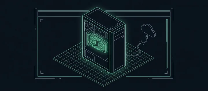 Illustration: Illustration: Ein Desktop-Rechner mit leuchtender Grafikkarte steht in einem umrandeten Bereich; das Kabel zu einer Wolke außerhalb ist gekappt und endet vor ihr.