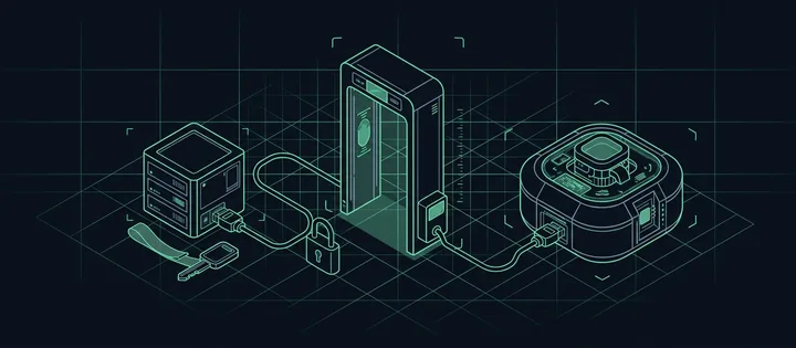 Illustration: Illustration: Ein kleiner Server ist per Kabel an ein KI-Modul angeschlossen; dazwischen ein Prüftor mit Scannerrahmen, am Kabel ein Vorhängeschloss, daneben ein schmaler Token-Schlüssel.