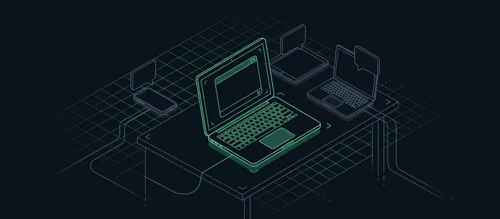 Illustration: Illustration: Ein grün umrissener Firmen-Laptop mit Chatfenster, dahinter im Schatten mehrere grau umrissene private Geräte mit Chatblasen, deren Datenlinien aus dem Bild laufen.