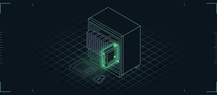 Illustration: Illustration: Ein Server, aus dem eine alte Laufzeit-Kassette gezogen wird und neben einem offenen Schloss liegt, während eine grün leuchtende neue Kassette in den freien Schacht gleitet.