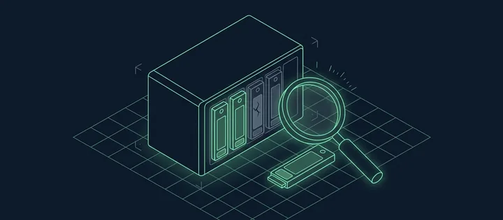 Illustration: Ein Server mit eingesteckten Plugin-Modulen, eines davon grau und rissig; ein weiteres Modul liegt davor neben einer großen Lupe.