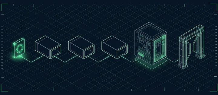 Illustration: Illustration: Eine Sicherungsplatte mit Kreispfeil am Anfang einer Reihe aus drei Modulkästen und einem größeren Server, verbunden in fester Reihenfolge, am Ende ein Prüftor.