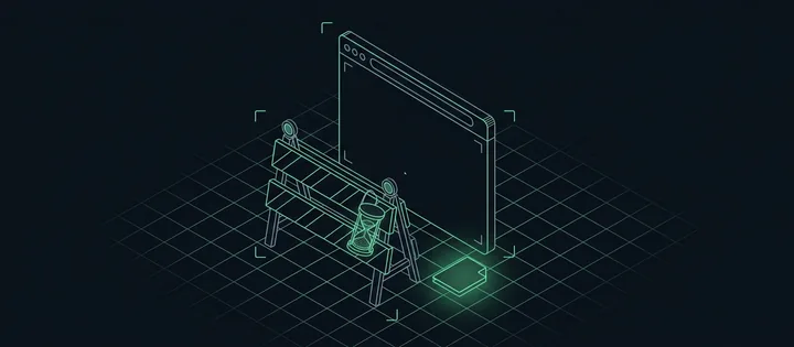 Illustration: Illustration: Ein Browserfenster hinter einer Absperrung, an der eine Sanduhr hängt; daneben liegt eine kleine, grün leuchtende Datei.