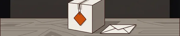 Illustration: Ein Paket mit einem orangen Anhänger außen und daneben ein verschlossener Umschlag ohne Anhänger auf einer Holztheke.