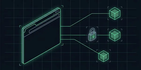 Illustration: Ein leeres Browserfenster, von dem dünne Datenlinien zu drei kleinen Kästen laufen; die mittlere Linie unterbricht ein geschlossenes Schloss.