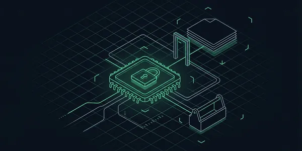Illustration: Ein Mikrochip mit Schloss in der Mitte, verbunden mit einem Stapel leerer Blätter und einem Werkzeugkasten; eine Verbindung führt durch ein schmales Tor.