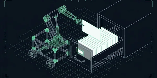 Illustration: Ein Roboterarm auf Rädern steckt eine leere Karteikarte in eine offene Karteischublade.