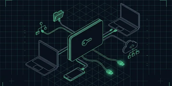 Illustration: Illustration: Eine Kontokarte, an der Leitungen zu Laptop, Telefon, Cloud-Ordner, Code-Repository und Umschlag hängen; zwei Leitungen sind abgezogen und leuchten an den Enden grün.