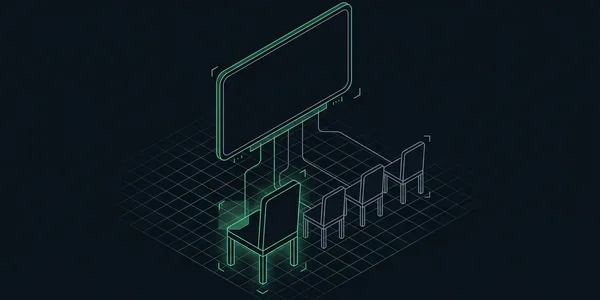 Illustration: Illustration: Ein grün umrissener Stuhl vorne und mehrere graue Stühle dahinter, alle mit einer gemeinsamen leeren Arbeitsfläche darüber verbunden.