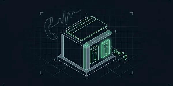 Illustration: Illustration: Eine Zahlungskarte auf einem Sockel mit zwei getrennten Schlüsselschlitzen; nur einer bekommt einen Schlüssel, der zweite leuchtet grün und bleibt leer; dahinter ein Telefonhörer mit Tonwelle.