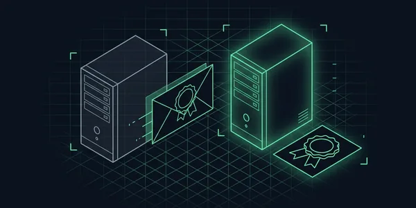 Illustration: Ein grauer Mailserver schickt einen Umschlag mit schief kopiertem Siegel; das echte Siegel liegt auf einer DNS-Karte neben dem grün leuchtenden echten Server.