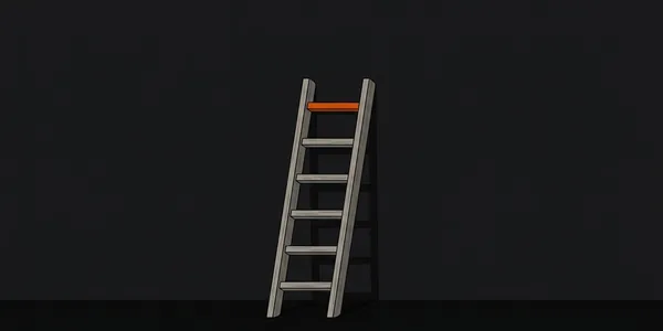 Illustration: Eine Holzleiter an einer dunklen Wand; alle Sprossen sind grau, nur die oberste ist orange.
