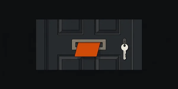 Illustration: Eine dunkle Haustür; im Briefschlitz steckt eine orange Karte, daneben hängt ein Schlüssel.