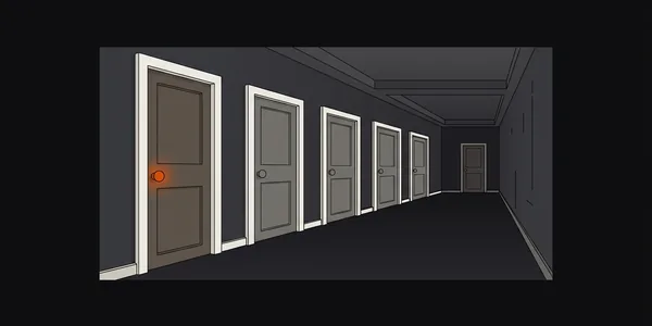 Illustration: Ein Gang mit mehreren geschlossenen Türen hintereinander; nur der Griff der vordersten Tür ist orange.