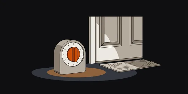 Illustration: Eine kleine Küchenuhr mit orangem Drehknopf steht vor einer geschlossenen Holztür auf einem Schiefertisch.