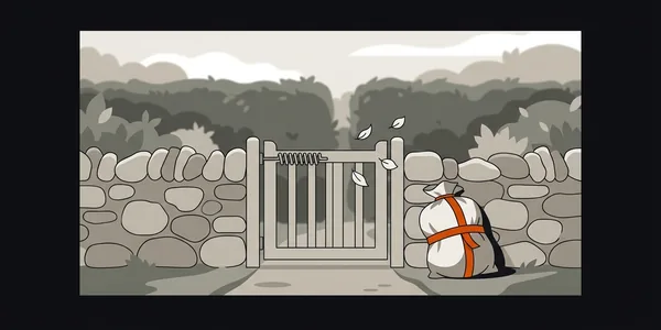 Illustration: Ein zugefallenes Gartentor in einer Steinmauer; davor lehnt ein voller Postsack mit orangem Riemen.