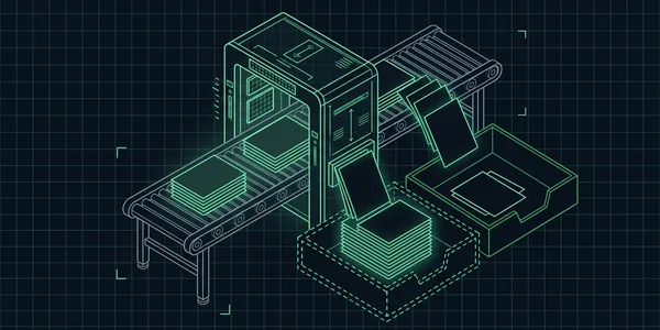 Illustration: Illustration: Gleiche Textseiten laufen durch ein Prüftor; die meisten landen in einer gestrichelten Warnablage, nur wenige in der grünen.