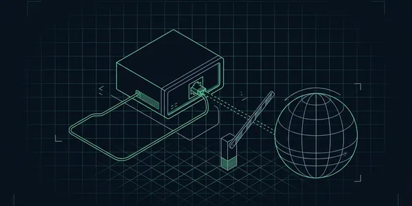 Illustration: Illustration: Ein Server, dessen Anschluss in einer Schleife zu ihm selbst zurückführt; ein gestricheltes Kabel zu einem Globus endet an einer geschlossenen Schranke.