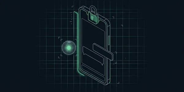 Illustration: Illustration: Ein Smartphone mit leerem Chatfenster und Schloss; eine KI-Kugel draußen wird von einer grünen Sperrlinie zurückgehalten.