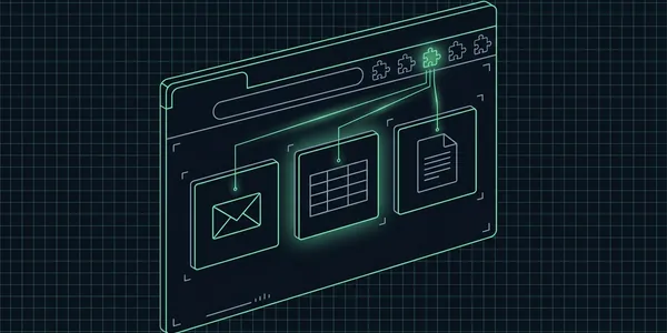 Illustration: Illustration: Ein Browserfenster mit Erweiterungssymbolen; von einem grün leuchtenden Puzzleteil reichen Linien in eine Mail, eine Tabelle und ein Dokument im Fenster.