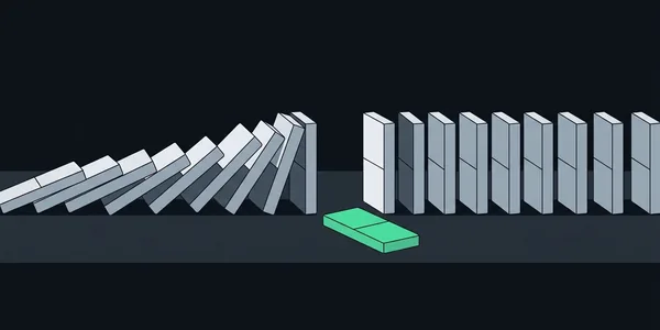 Illustration: Eine Reihe Dominosteine; links sind sie umgefallen, in der Mitte fehlt ein Stein, der grün daneben liegt, und rechts davon steht die Reihe noch.
