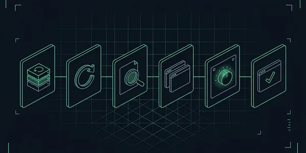 Illustration: Illustration: Sechs Stationen in einer Reihe – Sicherungsbox, Aktualisierungspfeil, Lupe über Code, Testkopie eines Browserfensters, Bedienfeld mit Drehregler und Browserfenster mit Prüfrahmen; der Drehregler leuchtet grün.