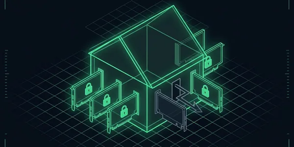 Illustration: Ein Website-Haus mit eingesteckten Erweiterungskarten, die meisten mit grünem Schloss gesichert; durch die eine graue Karte ohne Schloss bricht eine gezackte Linie durch die Hauswand.