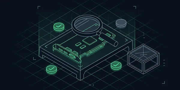 Illustration: Eine einzelne Erweiterungskarte unter einer Lupe auf einem Prüftisch, daneben drei grüne Häkchen und ein noch leerer grauer Prüfpunkt sowie eine Testbox mit Glasdeckel.