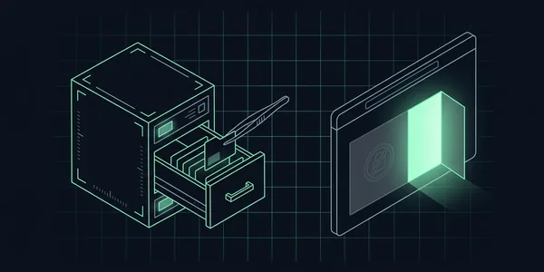 Illustration: Illustration: Aus der Schublade eines Servers wird mit einer Pinzette eine Datei gezogen; daneben wird aus einer Absperrung im Browserfenster eine offene Tür.