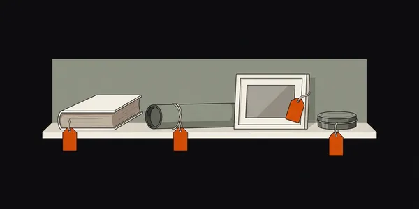 Illustration: Vier ganz verschiedene Gegenstände auf einem Regal, jeder mit demselben kleinen orangen Anhänger versehen.