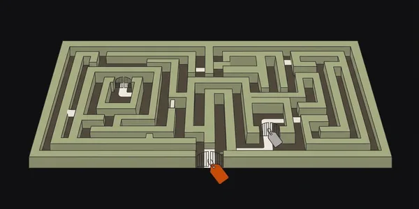 Illustration: Ein Heckenlabyrinth von oben; am Eingang hängt ein oranger Anhänger, an einem inneren Tor ein eigener grauer.